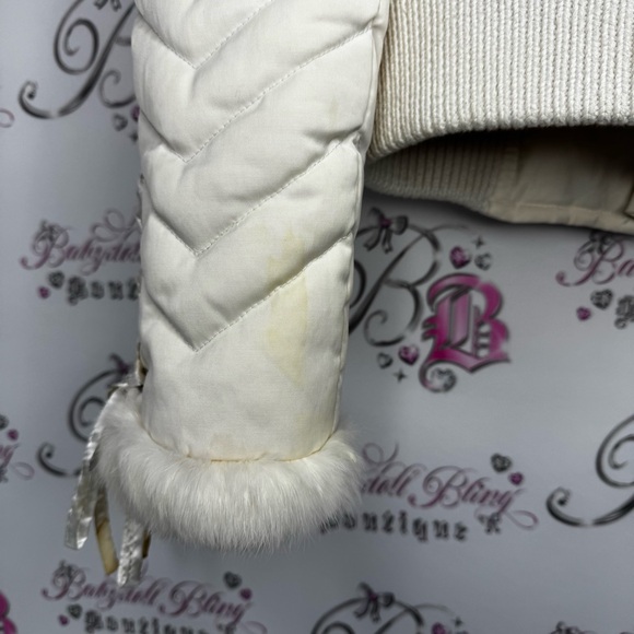 Bebe corset coat jacket snow bunny fur rabbit White Quilted Jacket Fur Trim hood - Picture 13 of 16